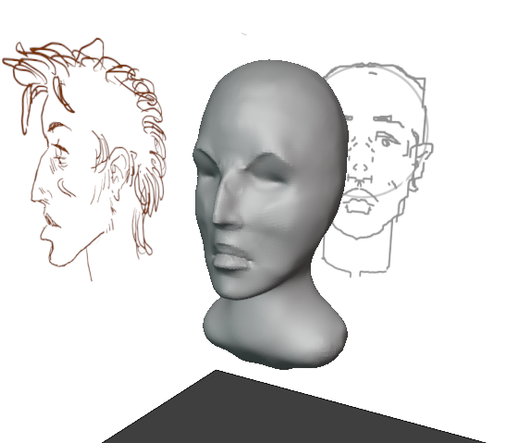Bust sculpting exercise: the reference sketches and the first sculpted form. The face is still too alien like.