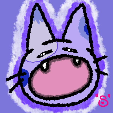 a drawing by dej made in procreate on their ipad. it's the head of a cartoon purple cat with their mouth wide open in a yawn.