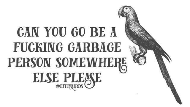 A woodcut of a bird beside the text "can you go be a fucking garbage person somewhere else please"