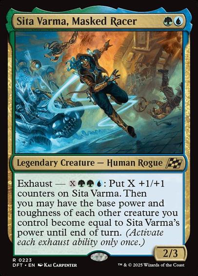 Card Name: Sita Varma, Masked Racer
Set: Aetherdrift
Description: Exhaust — {X}{G}{G}{U}: Put X +1/+1 counters on Sita Varma. Then you may have the base power and toughness of each other creature you control become equal to Sita Varma's power until end of turn. (Activate each exhaust ability only once.)
Artist: Kai Carpenter