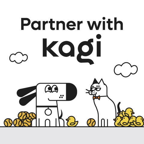 Cartoon-style illustration with the text "Partner with Kagi" at the top. Below, Kagi's mascot, a cartoon dog, and a cat face each other, surrounded by tennis balls and rubber ducks.