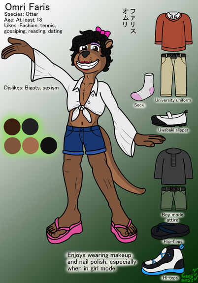 This is a reference sheet of my new otter character, Omri Faris, who is pansexual and gender fluid.