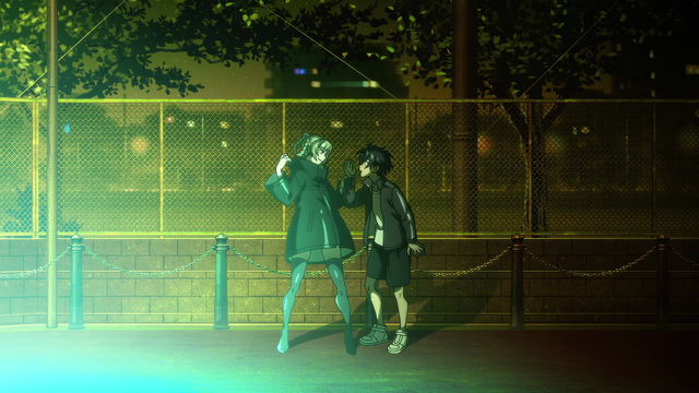 A woman (Nazuna) holding onto the arm of a boy (Kou) while the pair is illuminated by a vending machine out of frame.