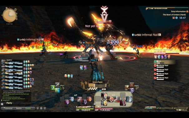 Screenshot of FFXIV, depicting the Bowl of Embers (Hard) trial with Ifrit targeted.