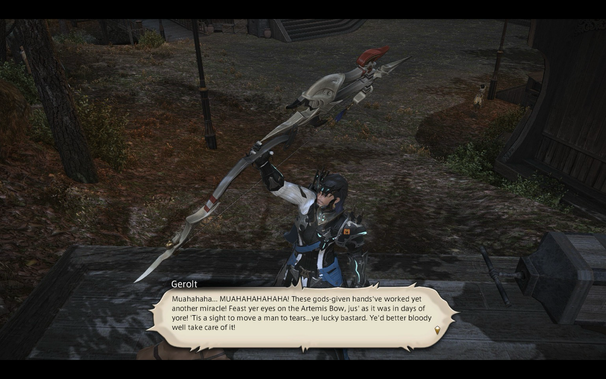 Screenshot of FFXIV, depicting my main character holding up the newly acquired Artemis Bow.