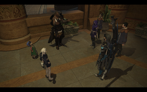 Screenshot of FFXIV, depicting multiple characters talking about what next steps to take for the Dorma. A cutscene of the MSQ.