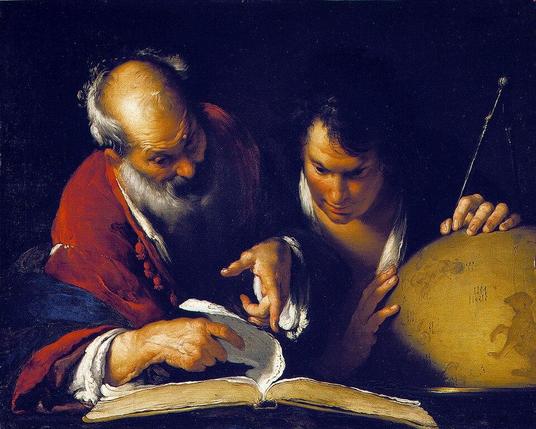 Bearded old man with shiny bald pate bent over a book and pointing to a turning page with a young black-haired student leaning on a brown globe paying close attention.