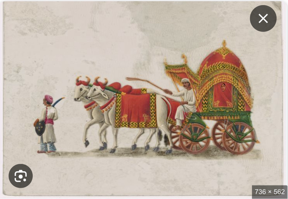 Oxen-drawn green and pink carriage with female passenger, driver and servant — One of hundreds of thousands of free digital items from The New York Public Library.