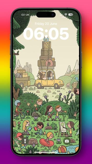 A Tom Gauld painting depicting a lively outdoor scene. It features a yellow car filled with animals and people, set against a backdrop of greenery, mountains, and a cityscape. Various characters are engaged in activities like biking, playing music, reading, and painting