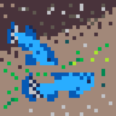 Pixel Art of two male Devil's Hole pupfish. They are small, long-bodied, bright blue, iridescent fish with darker blue fins and tails. They are swimming close to the cavern floor, which appears to have gravel and algae growing from it.