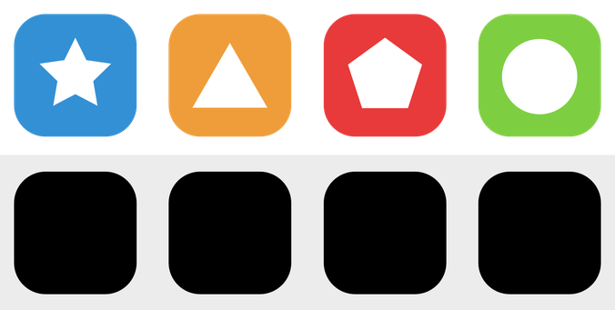 A comparison of four icons in the first row each set in rounded squares of blue, orange, red, and green, each with a different white glyph. In the second row are four black rounded squares.