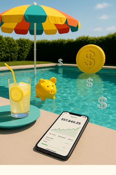 A sunny poolside scene featuring a colorful umbrella, a glass of lemonade with lemon slices on a turquoise table, and a smartphone displaying a finance app with a rising graph and balance of $57,840.25. In the pool float a yellow piggy-bank and oversized coin inflatables, with dollar-sign decorations drifting in the water. The setting is vibrant and relaxed, evoking summer and financial wellness.