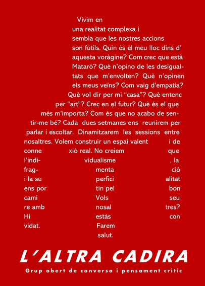 Cartell de L’ALTRA CADIRA, amb un cal·ligrama explicatiu del projecte amb silueta de cadira