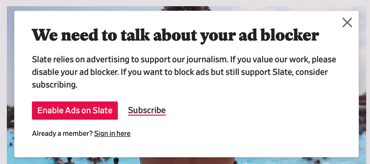 Webpage popup saying “We need to talk about your ad blocker”