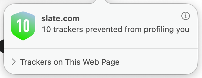 Safari’s privacy report for the same page showing that it prevented 10 trackers from profiling me.