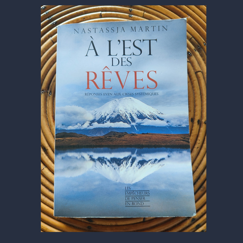 Couverture du livre "À l'Est des rêves" de Nastassja Martin. On voit le volcan de la péninsule du Kamtchatka, en Sibérie, enneigé. Il se reflète dans un lac.