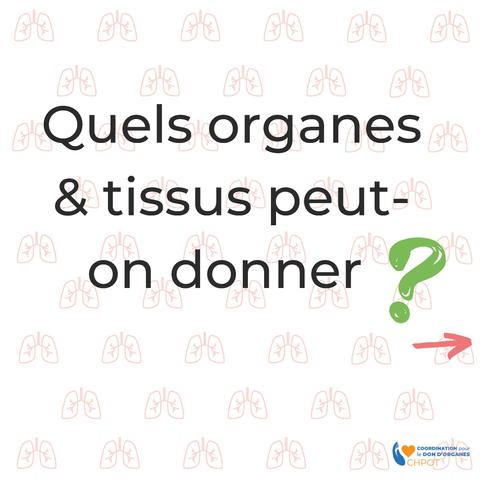 Texte « Quels organes & tissus peut-on donner ? » sur fond blanc avec motifs de poumons roses et un point d’interrogation vert. Flèche rose orientée vers la droite. Logo CH-POT.