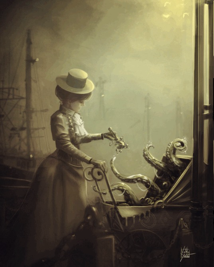 Une femme des années 1920 devant un port, devant un landau d’où sort des tentacules