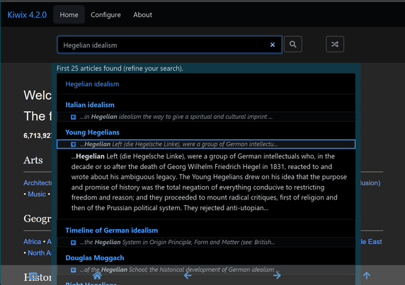 Screenshot shows the new dark theme and snippets functionality in action with search results for "Hegelian idealism".
