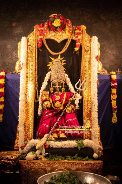 Idol of Hindu deity Krishna in red dressed as goddess Durgaa, wearing a tall stone-studded crown gold shoes, and gold ornaments; holding a silver-pronged trident which stands diagonally with its top resting on his left hand; a string of white flowers around Krishna from his left waist to the right, from behind his crown. Krishna's feet appear to be air as if he is "sky bound". 

An ornate gold box under Krishna's feet. Green holy basil leaves, and a few lotus buds, on top of the box. A large silver bowl with holy basil leaves in it is partially visible in front of the box.

A gold arch around Krishna. Thick strings of white flowers hang down on each side of the arch. Strings of red and yellow flowers at the top of the arch.

Blue cloth background. Strings of red and yellow flowers hang down at each end of the background.