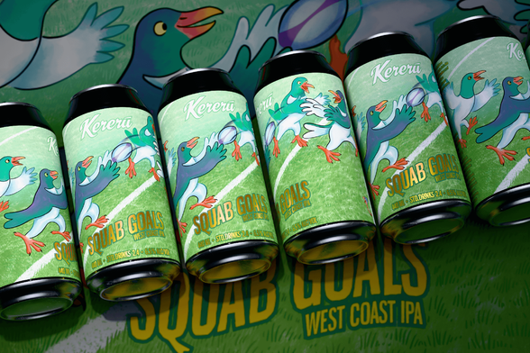 Fanciful Kereru play rugby on this whimsical label. No forward passes here! The can is a study of greens for the feathers on the birds and the grass on the pitch. A cute worm watches on next to the barcode. This 6.5% West Coast IPA is full of hop flavour with notes of citrus and pine.