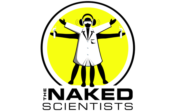The Naked Scientists Podcast logo: Vitruvian man in a white lab coat, goggles and ear protectors, holding test tubes, with the text The Naked Scientists at the bottom. Colours are black and white with a yellow circle background