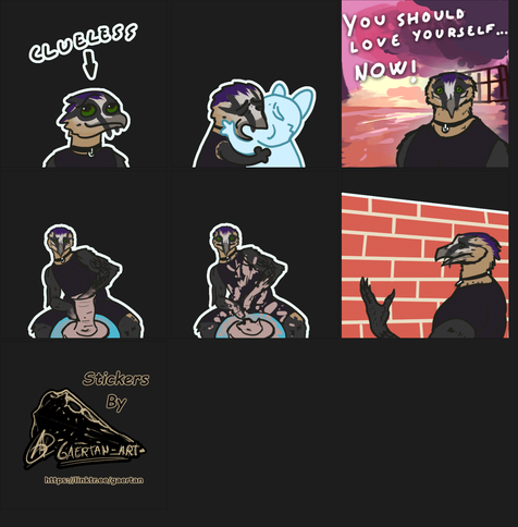 digital illustrations, as a set of stickers depicting an anthropomorphic bearded vulture in several funny situations; One as the "clueless" meme, another as the meme with two somewhat distorted figures kissing, the "you should love yourself meme", the "talking to wall" meme, and two regarding pottery/clay shaping, one looking towards the camera sensually, and a second one where the clay item has exploded, leaving the character in a O_O expression.