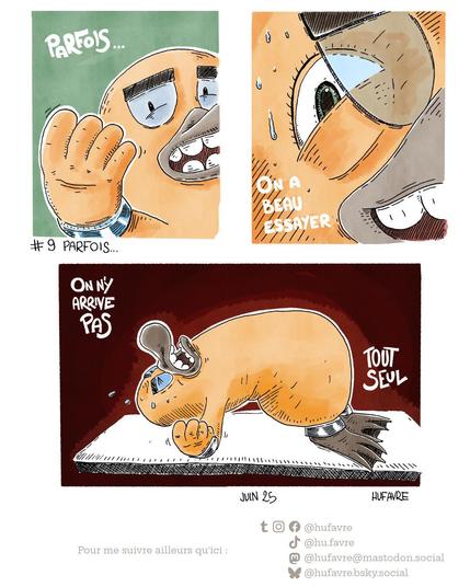 Planche BD en quatre cases.
1. L’ornithorynque lève la main en disant : « Parfois… »
2. Gros plan sur son œil : « On a beau essayer »
3. Il est allongé sur une table, à bout de forces : « On n’y arrive pas »
4. La dernière case isole ses pattes et conclut : « Tout seul »  
    Ce strip illustre avec tendresse et gravité la difficulté à avancer seul, même avec toute la volonté du monde.