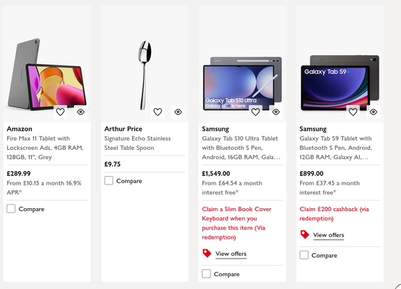 Image of part of John Lewis website's tablet page. Second item is a spoon.