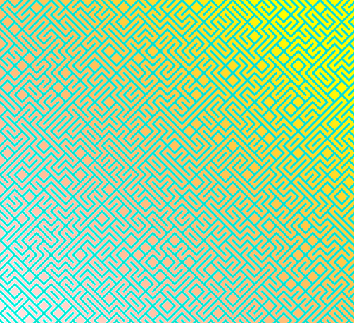A colorful maze, generated using the 10print method. Picture generation details: screen height: 976, screen width: 1071, primary background color #F72038, primary line color: #08DFC7, using gradient mask ../masks/mask21.png, gradient background color #FFFF00, square: 22, width: 7, radiusB: 3, radiusW: 7, effect: 4