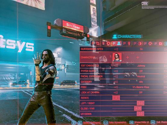 A photo of Johnny Silverhand(Keanu Reeves) posing in Cyberpunk 2077's photo mode as a reference to the manga/anime series JoJo's Bizarre Adventure with the pose named "V's Bizarre Pose"
