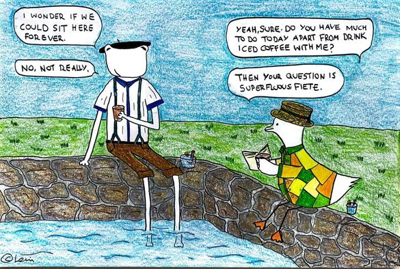 When it gets hot, our two friends like to cool off in the pool, drink iced coffee and enjoy the sweet idleness!  What do you do when it's hot?   The story 🐸: I wonder if we could sit here forever.  🦆: Yeah, sure. Do you have much to do today apart from drink iced coffee with me?  🐸: No, not really.  🦆: Then your question is superfluous, Fiete.   #fieteandduck #comic #duck #frog #dailycomic #travel #dreaming #coffee #mentalhealthmatters #mentalhealthawareness #introvertlife #ambivertlife #coffee #coffeelove #frogcomic #duckart #cozycomics #characterduo #illustration  