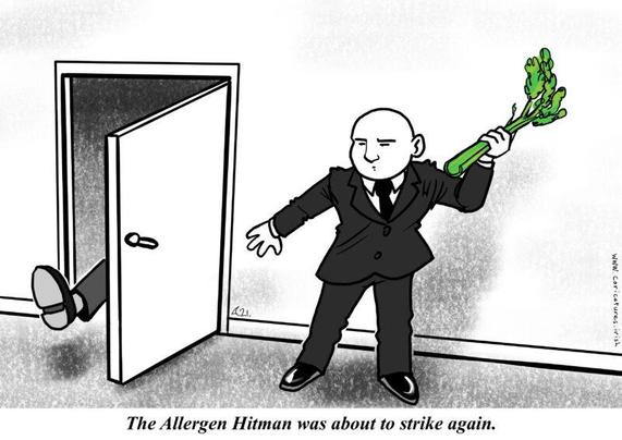 Black and white cartoon. A door opening into a room. A leg enters ahead of a person. Behind the door stands a man in a neat black suit. He holds a stick of leafy celery in his hand, pulled back ready to strike. The caption reads The Allergen Hitman was about to strike again.