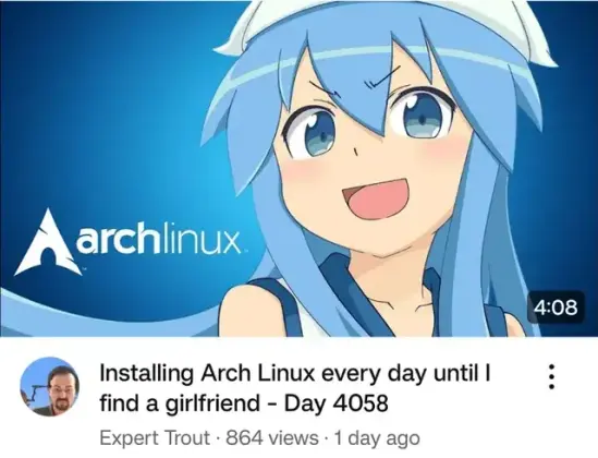 Anime girl smirking in the background while a guy commits to reinstalling Arch Linux every day for over 11 years straight, still single, still hopeful.
