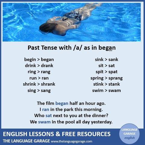 English past tense verbs with ah as in drank, sat, swam, image of a woman swimming in a pool
