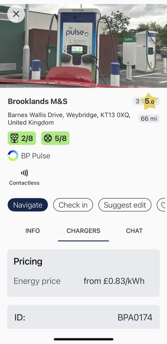 Screenshot from the ZapMap app showing a BP Pulse charging point in the car park of Brooklands Marks and Spencer in Weybridge, UK