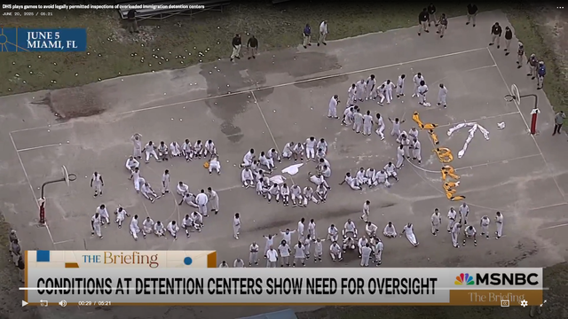 Prisoners at an ICE Detention Facility in Miami spell out "SOS" with their bodies when a news helicopter flies overhead.