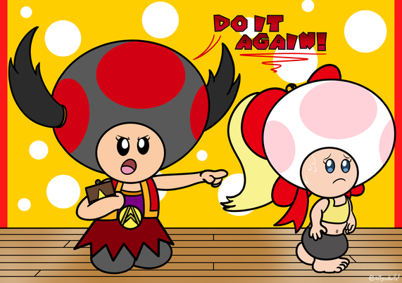 She owns and runs the MEGA Dance Academy located in the heart of Mushroom City. Her goal is for her dancers to win the National Championship. When it comes to Toadbella, who is contracted along with the trio to train there, Abby has zero interest in including her in upcoming dance competitions; ...unlike her sister, who is also a dance teacher there. While the sister is kind-hearted and helpful, Abby is often pushy and demanding, getting her dancers to perfect their rehearsals for upcoming dance competitions across the Mushroom World. She overtrains Toadbella not to perform in competitions.

Abby also runs Project Toadbella-M on Bluesky, a size project dedicated to the most serious of Toadbella fans! There, she shows her friendly demeanor to those wanting to see art and animation of giant Toads crushing cities barefoot! Those with Toadsonas can become part of the project by sending free requests to her, where she secretly organises the photoshoot with the Toad(s) of their choice!

One last thing: If Abby's dancers win a dance competition, Abby creates a scaled model of the venue they won in made out of paper mache, and gets her best performing dancer(s) to stomp it down flat in front of the others.
