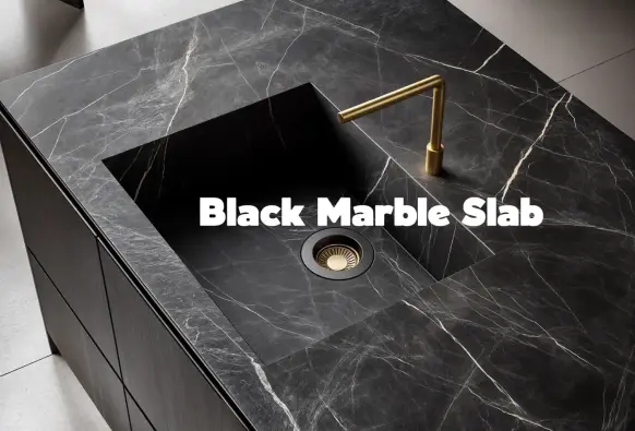Sleek black marble countertop with white veining in a modern kitchen setting