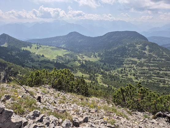 A scenic view of a rocky hillside covered with grass and trees, set against a backdrop of majestic mountains and a blue sky with fluffy clouds. The landscape exudes a sense of serenity and vastness, showcasing the beauty of nature's untouched wilderness. The rocky terrain is dotted with various plants and shrubs, creating a diverse plant community. The mountain range in the distance adds depth to the composition, with its peaks and ridges stretching into the horizon. This image captures the ess…