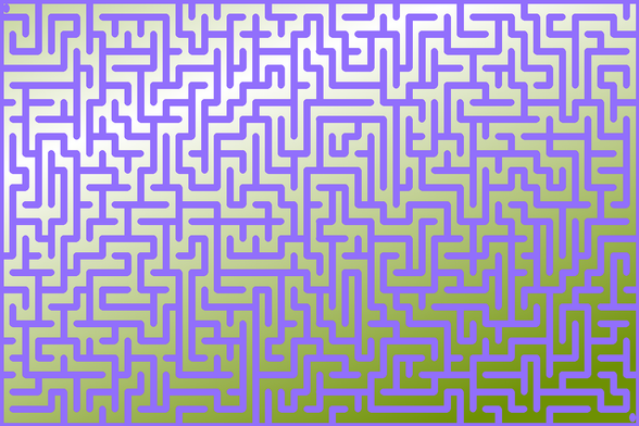 A colorful autogenerated maze. Picture generation details: screen height: 1092, screen width: 1638, primary background color #6E9003, primary line color: #916FFC, using gradient mask ../masks/mask5.png, gradient background color #FFFFFF, square: 53, width: 37, radiusB: 28, radiusW: 18, effect: 2