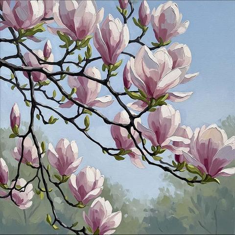 Delicate pink magnolia blossoms adorn the intertwining branches against a soft blue sky. The scene evokes a sense of tranquility and the gentle arrival of spring.
