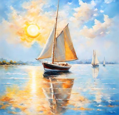 A beautiful painting of sail boats with the last burst of the sun 