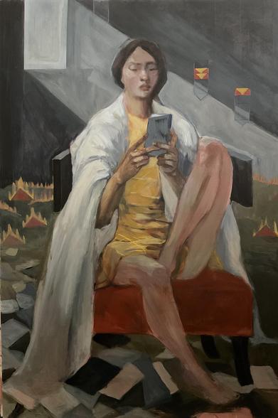 Work in progress of a painting of a woman with dark hair sitting on a chair with a red seat, with one leg up on chair & tucked under the other leg. She is in a darkened room with a bit of light from a window behind her lighting up a section of the room including the side of her face. She is folding a piece of paper, wearing a gold emergency blanket like a short shift under a large white quilt comforter around her shoulders draping to the ground. Origami paper in blues and white is strewn on the ground at her feet. Outlined stylized bombs are dropping in the background on the wall, with only the flames from them in color. Stylized buildings and land on fire in the background below. 