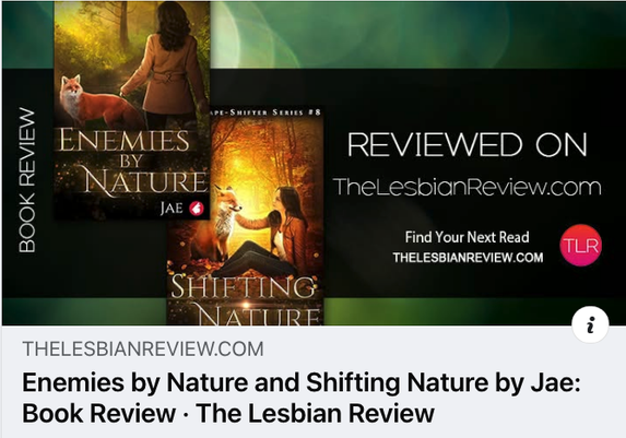 Shown are the covers of Enemies by Nature & Shifting Nature by Jae (a red fox and a brunette woman facing each other in the forest). Next to the text: Reviewed on TheLesbianReview.com