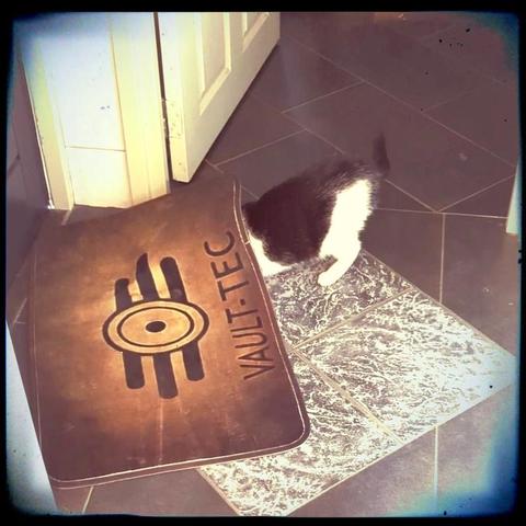 Lemon the cat, trying to crawl under the doormat which, very fittingly has the Vault Tec logo on it. The commentary practically writes itself.