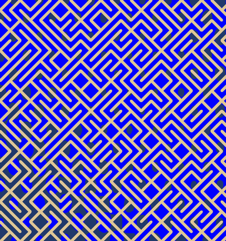 A colorful maze, generated using the 10print method. Picture generation details: screen height: 885, screen width: 830, primary background color #21396A, primary line color: #DEC695, using gradient mask ../masks/mask50.png, gradient background color #0000FF, square: 37, width: 10, radiusB: 4, radiusW: 10, effect: 8