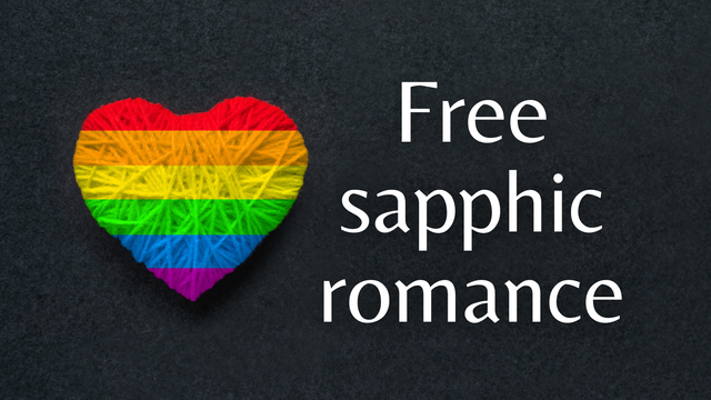 A heart in the colors of the Pride flag next to the words Free sapphic romance