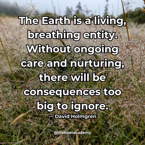 A social post from @lifeboatacademy which says: “The Earth is a living, breathing entity. Without ongoing care and nurturing, there will be consequences too big to ignore.”
— David Holmgren
