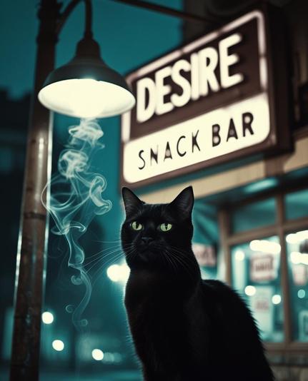 ②« Generated by LeonardoDiffusion »
Poster for the film A Streetcat Named Desire
(Film noir style, still photo) A black cat stands under a street lamp. In the background is an old snack bar sign with the word "Desire" written on it. Only the cat's eyes shine mysteriously in the darkness. A movie poster with the words "I have always depended on the kindness of strays" floating like smoke.